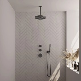 Brauer Stripe inbouw regendouche met 25cm hoofddouche, plafondarm en staafhanddouche set 3 gunmetal geborsteld PVD