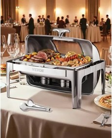 VEVOR Chafing Dish Set RVS Voedselwarmer met 2 Half-Size Pannen (3,9 L), Rechthoekige Warmtedispenser met Zichtbaar Deksel &amp; Waterpanstandaard &amp; Brandpastahouder, voor Feesten Zilver
