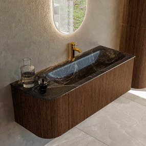 Mondiaz Kurve-dlux 125cm badmeubel ronding links walnut met 1 lade en deur en wastafel big medium kraangat rechts lava