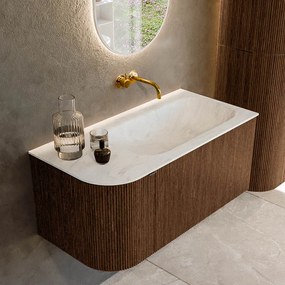 Mondiaz Kurve-dlux 95cm badmeubel ronding links walnut met 1 lade en deur en wastafel big small rechts zonder kraangat opalo