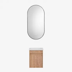 Narek Zwevend Houten Badkamermeubelset Met Geïntegreerde Wastafel Ash Brown & Ovale Led En Anticondens Zwart 50x100 Cm Asteiro & Zonder Kraan - Sklum