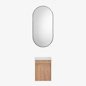 Narek Zwevend Houten Badkamermeubelset Met Geïntegreerde Wastafel Zonder Kraan & Ash Brown & Ovale Led En Anticondens Zwart 50x100 Cm Asteiro & Ș -