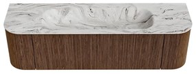 Mondiaz Kurve-dlux 160cm badmeubel ronding links/rechts walnut met 1 lade en 2 deuren en wastafel big medium midden zonder kraangat glace