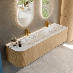 Mondiaz Kurve-dlux 175cm badmeubel ronding links oak met 2 lades en 1 deur en wastafel stor small dubbel/rechts 2 kraangaten glace