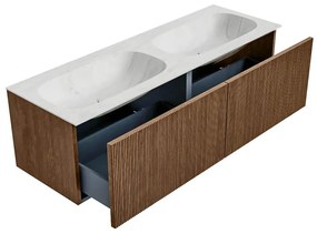 Mondiaz Kurve-dlux 140cm badmeubel walnut met 2 lades en wastafel stor small dubbel zonder kraangat opalo