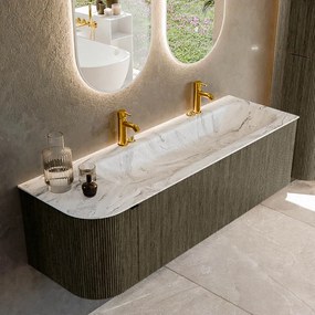 Mondiaz Kurve-dlux 145cm badmeubel ronding links shadow met 1 lade en deur en wastafel big large rechts 2 kraangaten glace