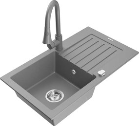 Mexen Pablo granieten spoelbak 1-komorige met afdruipplaat en keukenkraan Elia, grijs - 6510-71-670101-71