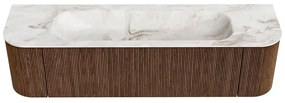 Mondiaz Kurve-dlux 170cm badmeubel ronding links/rechts walnut met 1 lade en 2 deuren en wastafel big large midden zonder kraangat frappe