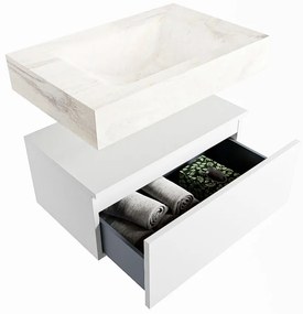 Mondiaz Alan DLux badmeubel 70cm talc 1 lade met wastafel ostra midden zonder kraangat