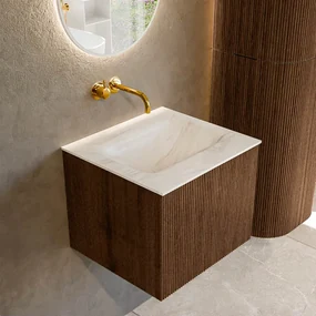 Mondiaz Kurve-dlux 50cm badmeubel walnut met 1 lade en wastafel grunne midden zonder kraangat ostra