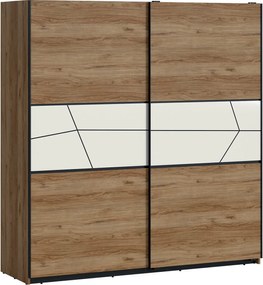 Kledingkast Ruvmela 112, Glanzend wit, Zwart, Catania eiken, 209x197x61cm, 203 kg, Kledingkast deuren: Schuivend