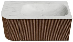 Mondiaz Kurve-dlux 95cm badmeubel ronding links walnut met 1 lade en deur en wastafel big small rechts zonder kraangat opalo