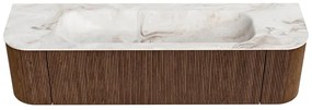 Mondiaz Kurve-dlux 170cm badmeubel ronding links/rechts walnut met 1 lade en 2 deuren en wastafel big large midden 1 kraangat frappe