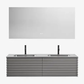 Noura Houten Badkamermeubelset Met Geïntegreerde Wastafels Grijs – Nikkel & Rectangular Led And Antifog 160x75 Cm Jorvi & 2 - Sklum