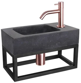 Differnz Bombai fonteinset - 40x22x9cm - Rechthoek - 1 kraangat - Gebogen rose koper kraan - met zwart frame - Natuursteen Zwart 38.401.51