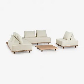 Tuinset Met Een 2-delige Modulaire Hoekbank, Bijzettafel, Fauteuil En Salontafel 95x95 Cm In Portet Acacia Gardenia Wit - Sklum
