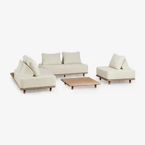 Tuinset Met Een 2-delige Modulaire Hoekbank, Bijzettafel, Fauteuil En Salontafel 95x95 Cm In Portet Acacia Gardenia Wit - Sklum