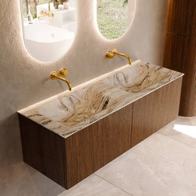 Mondiaz Kurve-dlux 130cm badmeubel dusk met 2 lades en wastafel leaf dubbel zonder kraangat glace