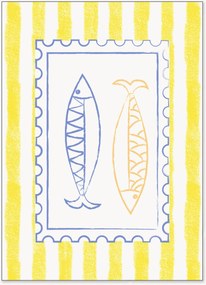 Ingelijste digitale print Blue and Yellow Fish Stamp on Yellow Stripes van Jolly and Dash