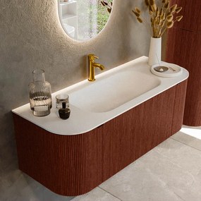 Mondiaz Kurve 120cm badmeubel ronding links/rechts ruby met 1 lade en 2 deuren en wastafel big small midden 1 kraangat