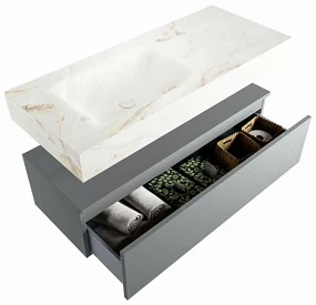 Mondiaz Alan DLux badmeubel 110cm plata 1 lade met wastafel frappe links zonder kraangat