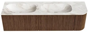 Mondiaz Kurve-dlux 165cm badmeubel ronding rechts walnut met 2 lades en 1 deur en wastafel stor small dubbel/links zonder kraangat frappe