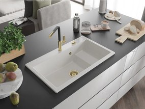 Mexen Omar granieten gootsteen 1-komorige 800 x 480 mm, wit, gouden sifon - 6520801005-20-G