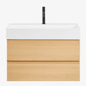 Ona Zwevend Badkamermeubelset Van Hout En Essenfineer Met Geïntegreerde Wastafel Natuurlijk Hout & Spiegelloze & Mat Zwart ↑20 - Sklum