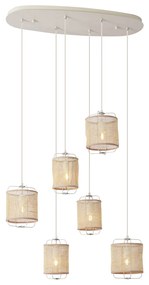 Eettafel / Eetkamer Japandi hanglamp beige met stoffen kappen 6-lichts - YenteJapandi E27 Scandinavisch ovaal rond Binnenverlichting Lamp