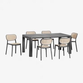 Rechthoekige 180x100 Cm Arnadine Tafelset En 6 Stapelbare Omara Tuinstoelen Van Polypropyleen Grijs – Grafiet - Sklum