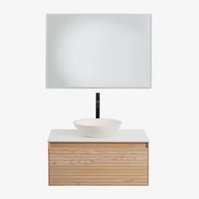 Tedrik Badkamermeubelset In Essenhout Ash Brown & Rond Cement Wit Ø40 Cm Zavion & Rechthoekige Led En Anticondens 100x70 Cm Tamsin & Zwart - Sklum