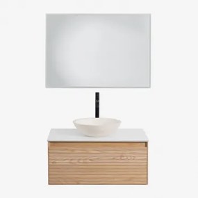 Tedrik Zwevend Badkamermeubelset 80x50 Cm In Essenhout Ash Brown & Rond Cement Wit Ø40 Cm Zavion & Rechthoekige Led En Anticondens 100x70 Cm Riben -