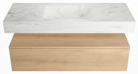 Mondiaz Alan DLux badmeubel 120cm washed oak 1 lade met wastafel opalo midden zonder kraangat