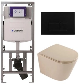 QeramiQ Dely Toiletset - 36.3x51.7cm - diepspoel - rimless - Geberit UP320 inbouwreservoir - softclose toilet zitting - metaal mat zwart bedieningsplaat - rechthoekige knoppen - mat beige SW1000764/SW1000770/0701131/SW706193