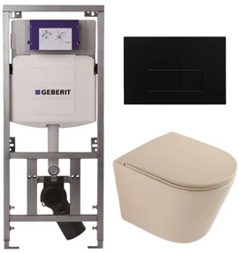 QeramiQ Dely Toiletset - 36.3x51.7cm - diepspoel - rimless - Geberit UP320 inbouwreservoir - softclose toilet zitting - metaal mat zwart bedieningsplaat - rechthoekige knoppen - mat beige SW1000764/SW1000770/0701131/SW706193