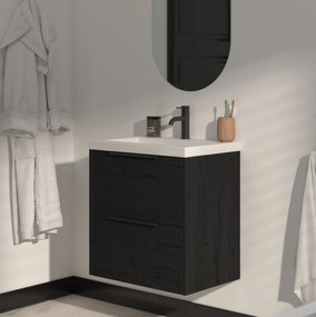 Saqu Lima ondiep badmeubel incl. glans witte wastafel 60x40x64cm eiken zwart – mat zwarte greep