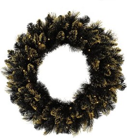 Verlichte kerstkrans"Shimmery Golden Black Bristle"- zwart - Diameter 76 cm - 70 warm witte ledlampjes - met gouden glitter