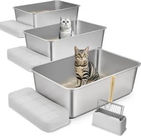 VEVOR Kattenbakset van 3, 600 x 400 x 200 mm, XL Extra Grote Kattenbak van Roestvrij Staal met Schep, Brede Filterbodem en Hoge Rand, Geurvrij, Geurvrije Bak voor Grote Katten