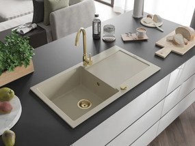 Mexen Leo granieten gootsteen met 1 bak en afdruiprek 900 x 500 mm, beige, gouden sifon - 6501901010-69-G