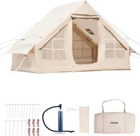 VEVOR Opblaasbare Kampeertent 3x2x2m, 3-5 Personen, 300D Oxford 4-Seizoens Glamping Tent met Handpomp, Kooktoestelaansluiting, 2 Deuren &amp; 2 Gaasramen, incl. Opbergtas voor Transport