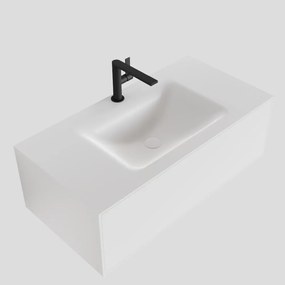 Zaro Lagom volledig naadloos solid surface onderkast 90cm mat wit met 1 lade Push tot open. Compleet met solid surface wastafel met 1 kraangat(en)