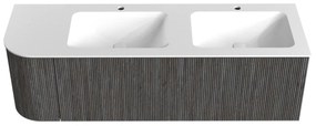 Mondiaz Kurve 145cm badmeubel ronding links shadow met 1 lade en deur en wastafel cloud dubbel/rechts 2 kraangaten