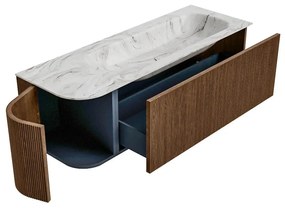 Mondiaz Kurve-dlux 135cm badmeubel ronding links walnut met 1 lade en deur en wastafel big medium kraangat rechts glace