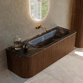 Mondiaz Kurve-dlux 135cm badmeubel ronding links walnut met 1 lade en deur en wastafel big medium rechts zonder kraangat lava
