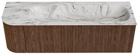 Mondiaz Kurve-dlux 145cm badmeubel ronding links walnut met 1 lade en deur en wastafel big large kraangat rechts glace