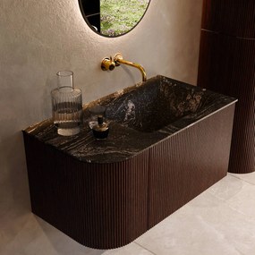 Mondiaz Kurve-dlux 85cm badmeubel ronding links ruby met 1 lade en deur en wastafel cloud rechts zonder kraangat lava