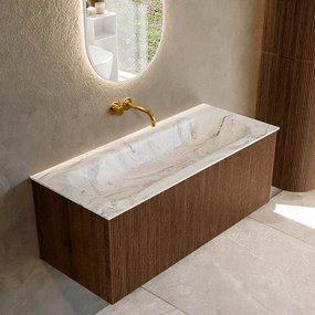 Mondiaz Kurve-dlux 110cm badmeubel walnut met 1 lade en wastafel big medium midden zonder kraangat glace