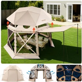 VEVOR Pop-up Paviljoen 3,6 x 3,6 m, 13-zijdige, bolvormige campingtent met afneembaar dak en draagtas, 360° ventilatie, zonwering, partytent voor 8-10 personen, beige