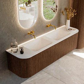 Mondiaz Kurve 170cm badmeubel ronding links/rechts walnut met 1 lade en 2 deuren en wastafel cloud dubbel zonder kraangat