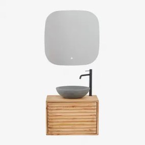 Deleyna Wandgemonteerde Houten Badkamermeubelset Natuurlijk Hout & Rond Grijs Cement Ø40 Cm Tarsis & Vierkant Led En Anticondens 75x75 Cm Tobie -
